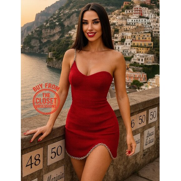 β€οΈβπ₯ ZARA Textured Mini Dress NWT | Asym Neckline Chain Strap Red S/M - Picture 1 of 16